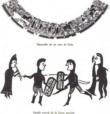 Representación de un vaso de Llíria de un combate quizá ritual entre dos guerreros al son de la doble flauta y lo que parece una tuba. Podría tratarse de un torneo o desafío personal, que sabemos que existían entre los celtíberos.