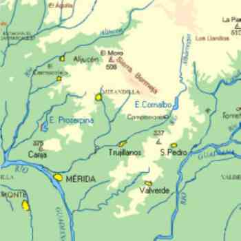 Click para ampliar. Pulsa en el nombre para ver la ficha. Mapa de Mérida y sus embalses de Proserpina y Cornalvo